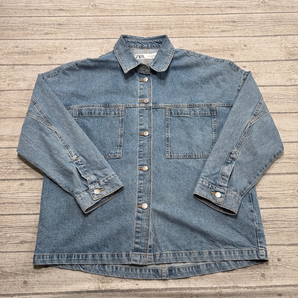 Zara Jacket Women's Large Blue Denim Oversized Button Down Classic Fit Workwear
